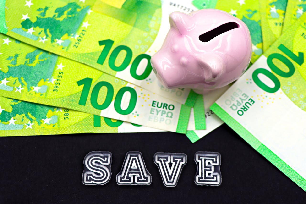 A piggy bank on euro bills with save text highlights money saving concepts.